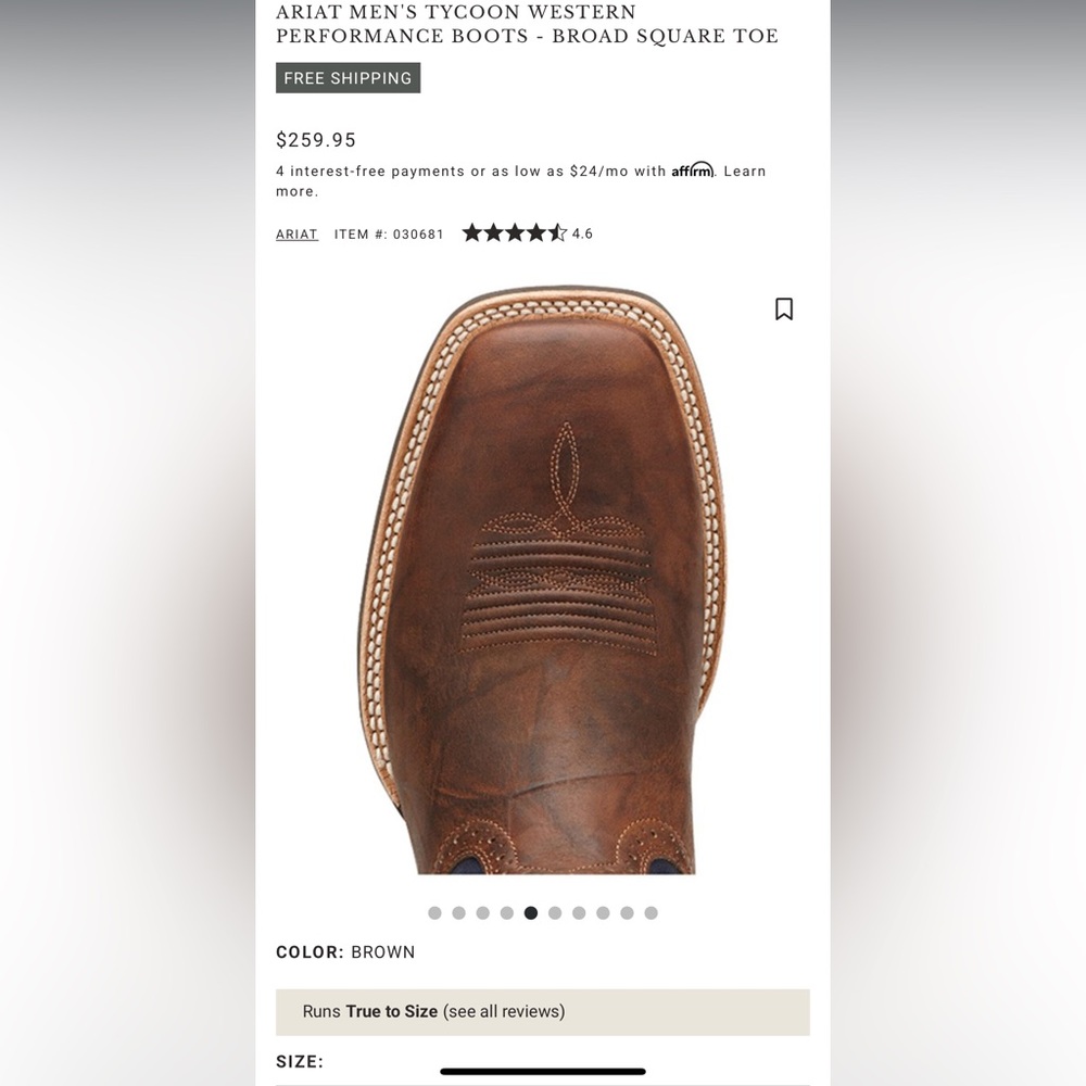 ARIAT MEN'S TYCOON WESTERN PERFORMANCE BOOTS - BROAD SQUARE TOE - Picture 3 of 9
